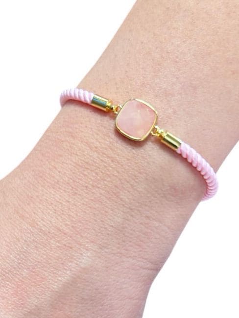 Pulsera De Cuerda De Latón De Cuarzo Rosa Cuadrado Facetado 11mm