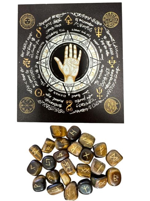 incienso en Caja Runa Futhark Ojo de Tigre en Bolsa de Tela 10x11cm