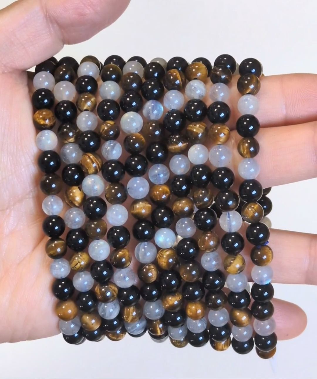 Pulsera de obsidiana negra, ojo de tigre y labradorita, cuentas A de 6 mm