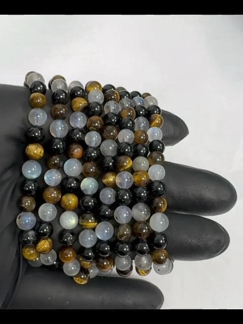 Pulsera labradorita, ojo de tigre, Turmalina A  cuentas de 6mm