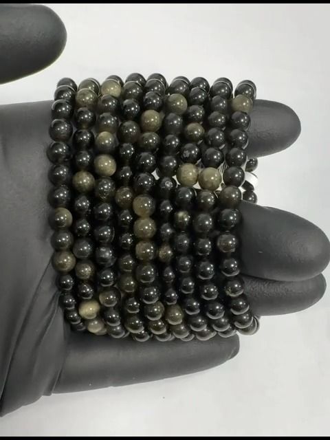 Pulsera de perlas Obsidiana negra dorada A 6mm