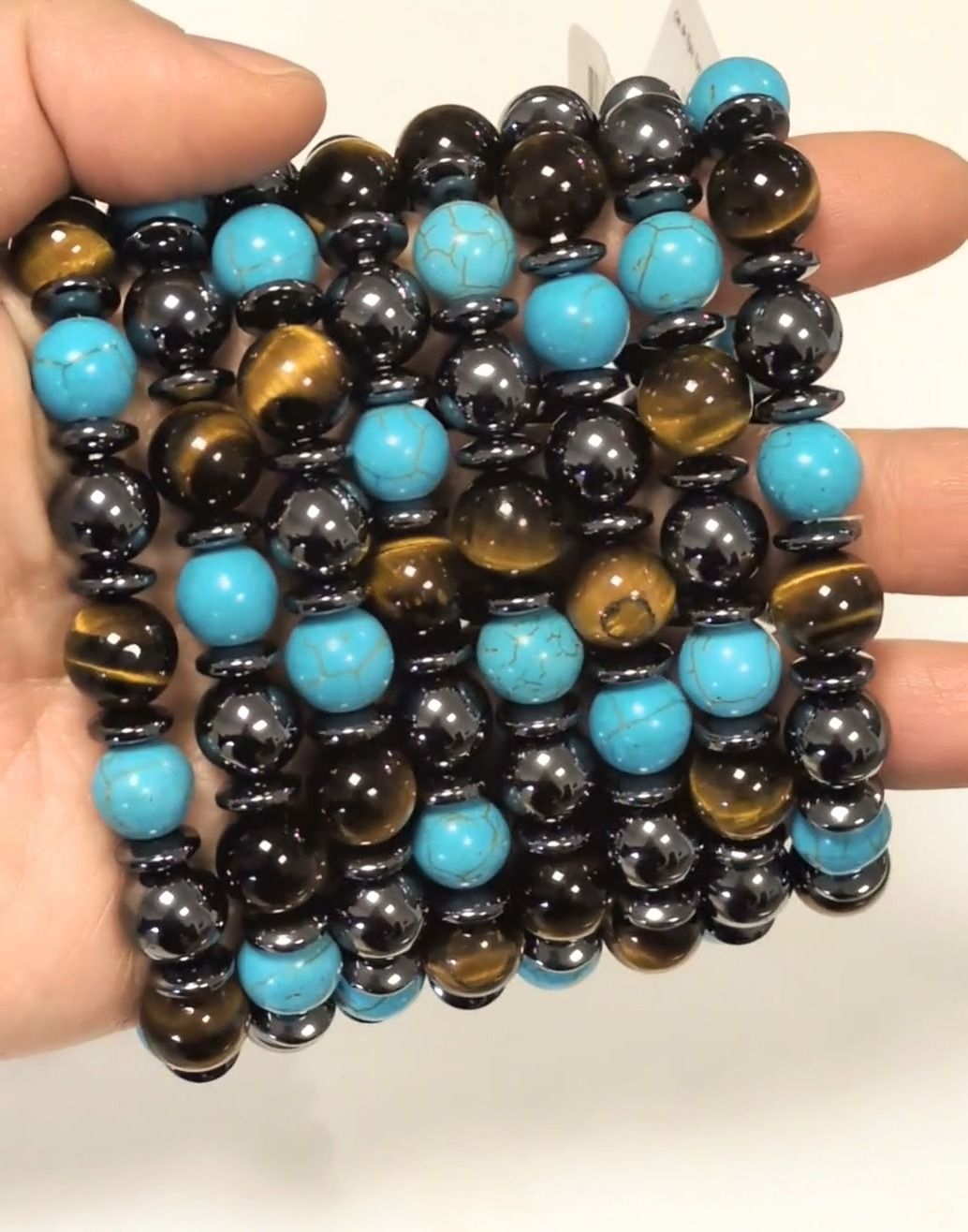 Pulsera de ojo de tigre, ónix negro y turquenita con cuentas de 10 mm