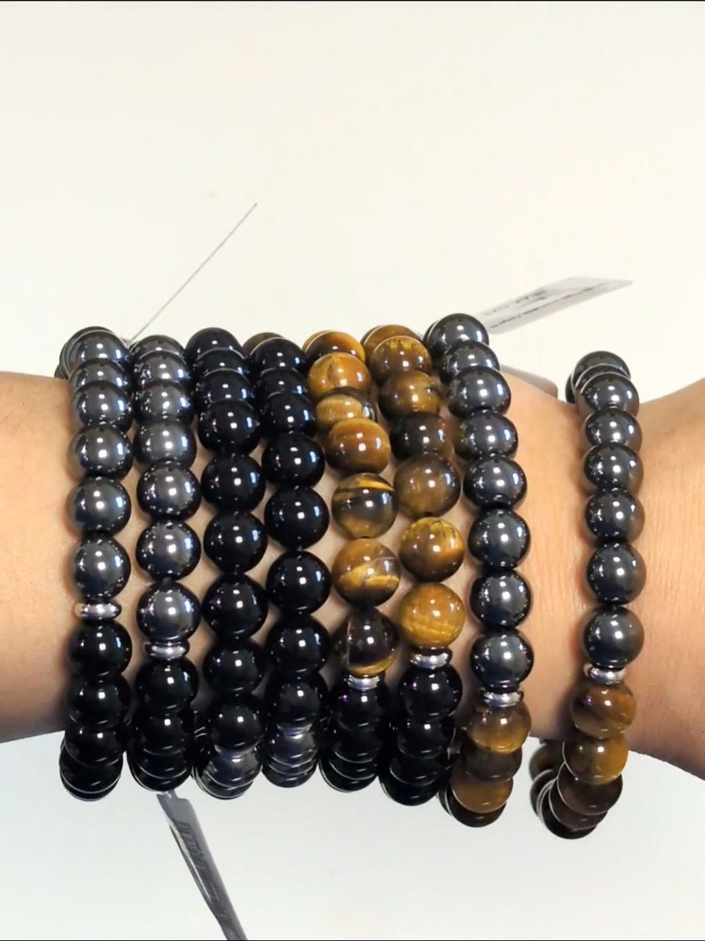 Pulsera de ojo de tigre, hematita y ónix negro, cuentas de 8 mm