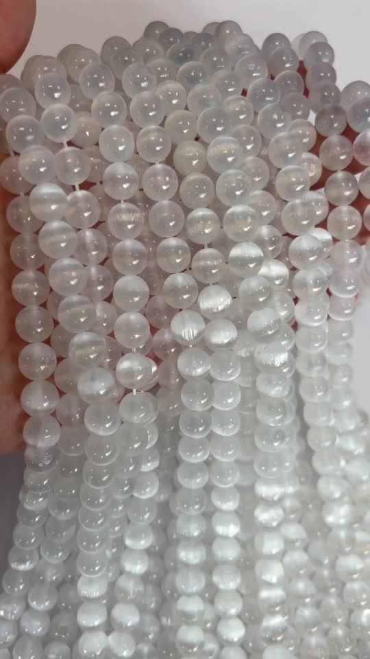 Perlas de Selenita Ojo de Gato AA de 8mm en hilo de 40cm